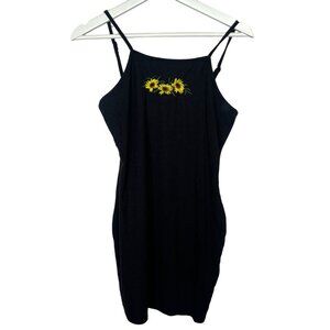 Shein Black Ribbed Bodycon Mini Dress Sunflower Embroidery Size M
